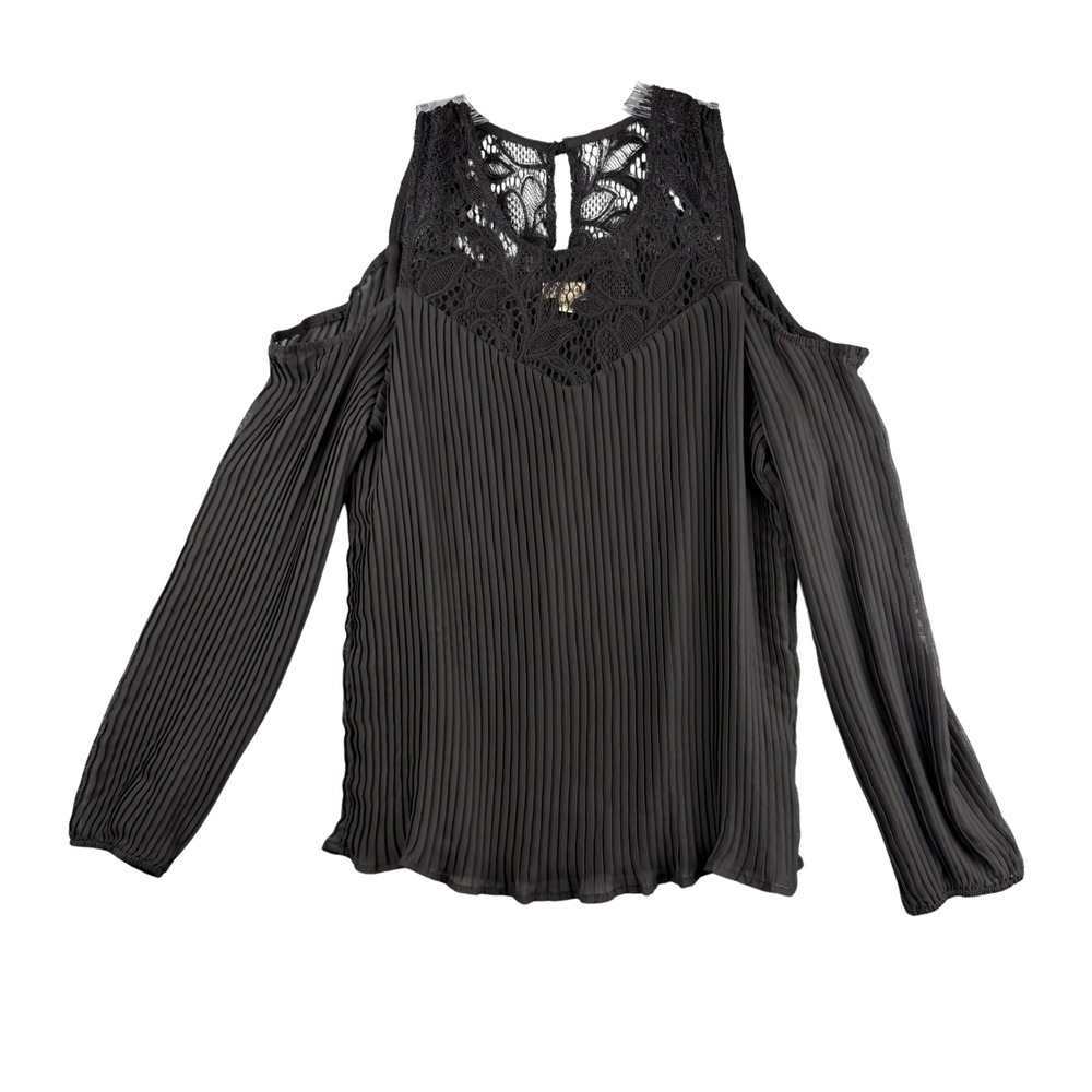 Lily White Womens Black Pleated Cold Shoulder Lace Inset Top Size Large